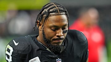 Dec 10, 2023; Paradise, Nevada, USA; Las Vegas Raiders running back Josh Jacobs (8) walks off the field after the Raiders were defeated by the Minnesota Vikings 3-0 at Allegiant Stadium. Mandatory Credit: Stephen R. Sylvanie-USA TODAY Sports