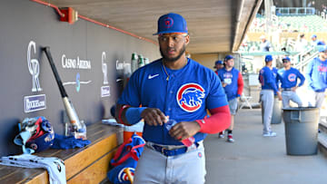 Feb 27, 2023; Salt River Pima-Maricopa, Arizona, USA;   Chicago Cubs center fielder Nelson Velazquez
