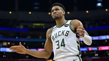 Milwaukee Bucks forward Giannis Antetokounmpo reacts to the crowd after a basket in the fourth quarter against the Los Angeles Clippers at Crypto.com Arena on February 10, 2023.