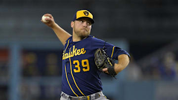 Aug 17, 2023; Los Angeles, California, USA;  Milwaukee Brewers starting pitcher Corbin Burnes (39) throws to the plate in the sixth inning against the Los Angeles Dodgers at Dodger Stadium. Mandatory Credit: Jayne Kamin-Oncea-Imagn Images