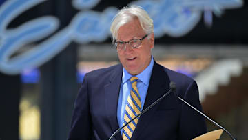 Mark Walter, Owner and Chairman, Los Angeles Dodgers speaks during the unveiling ceremony at Dodger Stadium.