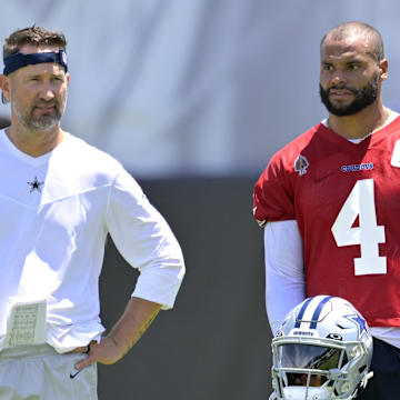 Dallas Cowboys quarterback Dak Prescott talks with offensive coordinator Brian Schottenheimer during training camp.