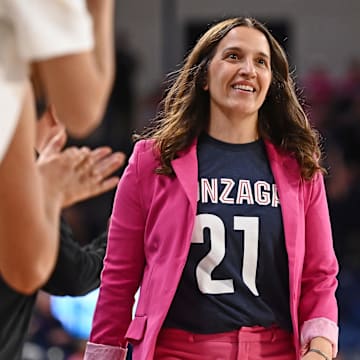 Gonzaga Bulldogs head coach Lisa Fortier looks on in a 2023 game against the Portland Pilots at McCarthey Athletic Center.