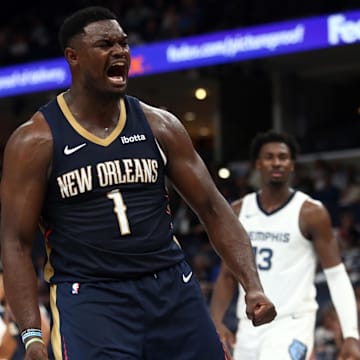 Oct 25, 2023; Memphis, Tennessee, USA; New Orleans Pelicans forward Zion Williamson (1) reacts after a dunk during the second half against the Memphis Grizzlies at FedExForum. 