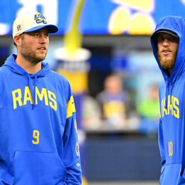 Dec 4, 2022; Inglewood, California, USA;  Los Angeles Rams quarterback Matthew Stafford (9) and wide receiver Cooper Kupp (10) on the field prior a game against the Seattle Seahawks at SoFi Stadium. Mandatory Credit: Jayne Kamin-Oncea-USA TODAY Sports