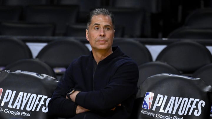 Apr 28, 2023; Los Angeles, California, USA; Los Angeles Lakers vice president of basketball operations and general manager Rob Pelinka looks on prior to game six of the 2023 NBA playoffs against the Memphis Grizzlies at Crypto.com Arena. Mandatory Credit: Jayne Kamin-Oncea-USA TODAY Sports