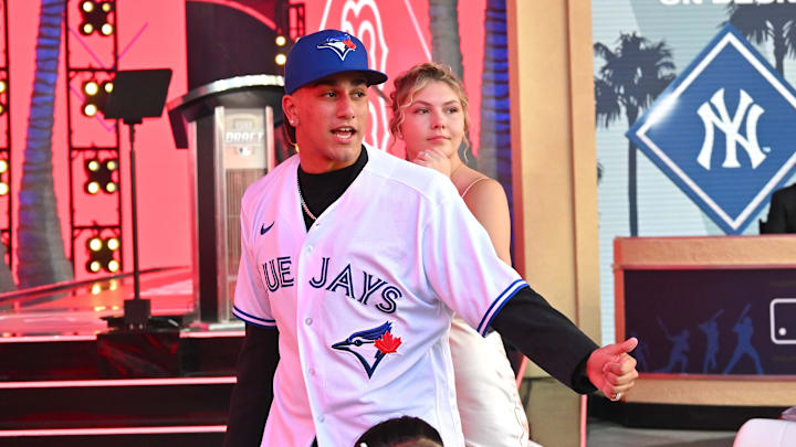 Jul 17, 2022; Los Angeles, CA, USA;  Brandon Barriera reacts after he was selected by the Toronto Blue Jays as the 23rd player in the MLB draft at XBox Plaza at LA Live. Mandatory Credit: Jayne Kamin-Oncea-Imagn Images