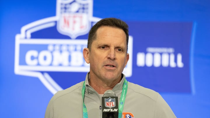 Feb 27, 2024; Indianapolis, IN, USA; Denver Broncos general manager George Paton talks to the media at the 2024 NFL Combine at Indiana Convention Center. Mandatory Credit: Trevor Ruszkowski-USA TODAY Sports