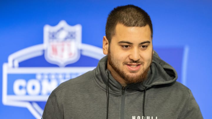 Mar 2, 2024; Indianapolis, IN, USA; Kansas offensive lineman Dominick Puni (OL59) talks to the media during the 2024 NFL Combine at Lucas Oil Stadium. Mandatory Credit: Trevor Ruszkowski-USA TODAY Sports