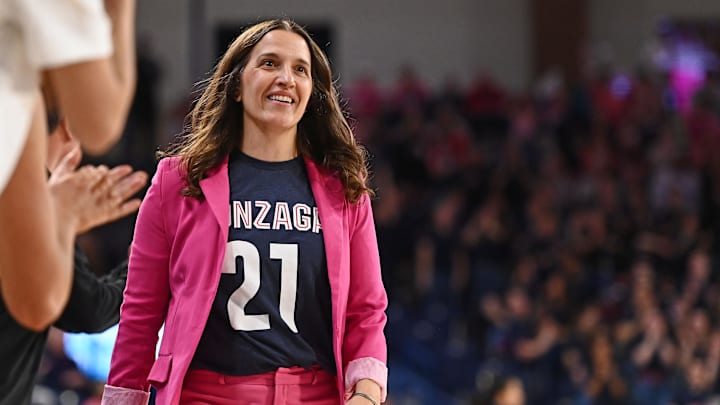 Gonzaga Bulldogs head coach Lisa Fortier looks on in a 2023 game against the Portland Pilots at McCarthey Athletic Center.