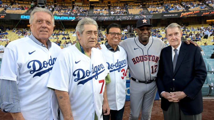 Jun 23, 2023; Los Angeles, California, USA;  Former Los Angeles Dodgers players, Rick Monday, Steve Yeager, Fernando Valenzuela, Houston Astros manager Dusty Baker Jr. (12) with former Los Angeles Dodgers owner Peter O'Malley prior to the game at Dodger Stadium. Mandatory Credit: Jayne Kamin-Oncea-USA TODAY Sports