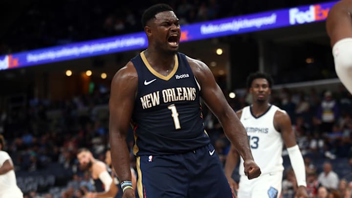 Oct 25, 2023; Memphis, Tennessee, USA; New Orleans Pelicans forward Zion Williamson (1) reacts after a dunk during the second half against the Memphis Grizzlies at FedExForum. 