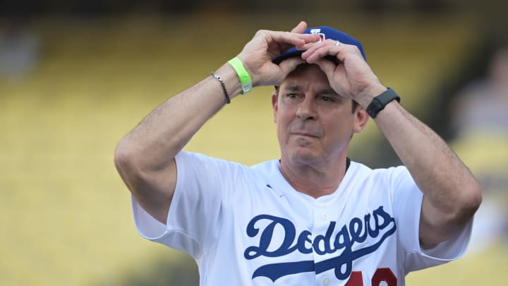 Jun 16, 2023; Los Angeles, California, USA;  The only openly gay Major League Baseball player, BIlly Bean, is acknowledged on Pride Night prior to the game between the Los Angeles Dodgers and the San Francisco Giants at Dodger Stadium.