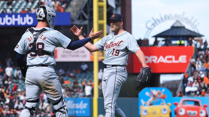 Aug 11, 2024; San Francisco, California, USA; Detroit Tigers catcher Dillon Dingler (38) celebrates with relief pitcher Will Vest (19) after a win against the San Francisco Giants at Oracle Park.