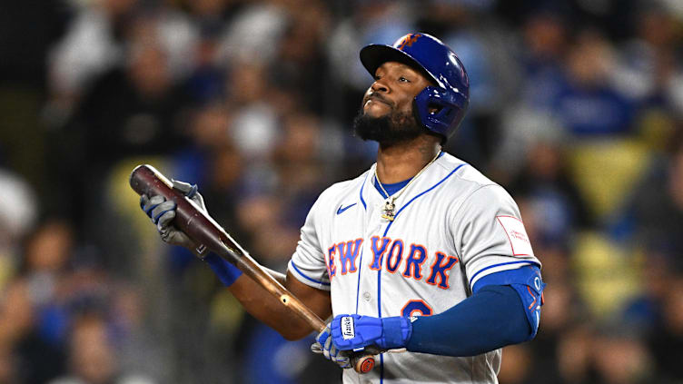 Apr 18, 2023; Los Angeles, California, USA; New York Mets right fielder Starling Marte (6) reacts