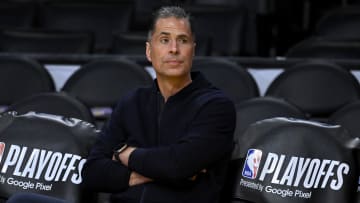 Apr 28, 2023; Los Angeles, California, USA; Los Angeles Lakers vice president of basketball operations and general manager Rob Pelinka looks on prior to game six of the 2023 NBA playoffs against the Memphis Grizzlies at Crypto.com Arena.