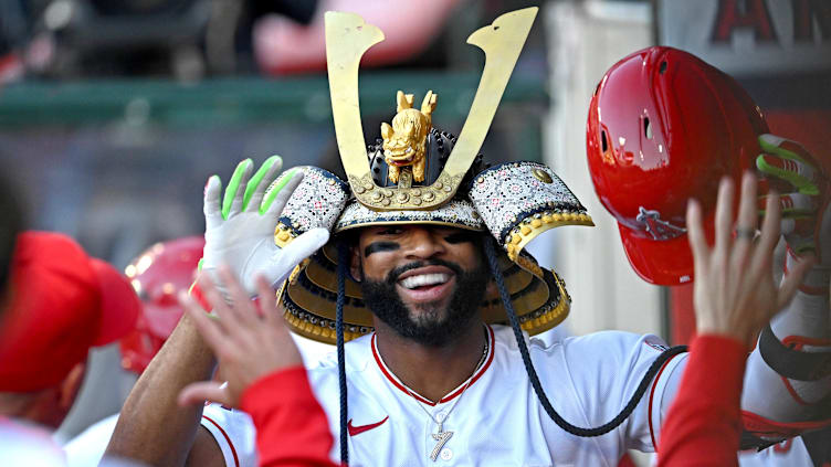 Jun 8, 2023; Anaheim, California, USA;  Los Angeles Angels right fielder Jo Adell (7) is