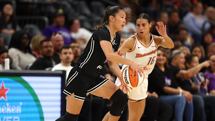 May 11, 2025; Phoenix, AZ, USA; Golden State Valkyries guard Kaitlyn Chen (2) against Phoenix Mercury guard Megan McConnell (16) during a preseason game at PHX Arena. Mandatory Credit: Mark J. Rebilas-Imagn Images