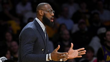 Feb 9, 2023; Los Angeles, California, USA;   Los Angeles Lakers forward LeBron James (6) reacts on the bench after a foul call in the first half against the Milwaukee Bucks at Crypto.com Arena. Mandatory Credit: Jayne Kamin-Oncea-Imagn Images