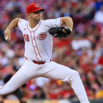 Jun 24, 2024; Cincinnati, Ohio, USA; Cincinnati Reds starting pitcher Carson Spiers (68) pitches against the Pittsburgh Pirates in the first inning at Great American Ball Park. 