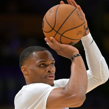 Oct 3, 2022; Los Angeles, California, USA;  Los Angeles Lakers guard Russell Westbrook (0) warms up prior to a game against the Sacramento Kings at Crypto.com Arena. 