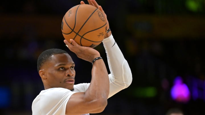 Oct 3, 2022; Los Angeles, California, USA;  Los Angeles Lakers guard Russell Westbrook (0) warms up prior to a game against the Sacramento Kings at Crypto.com Arena. 