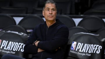 Apr 28, 2023; Los Angeles, California, USA; Los Angeles Lakers vice president of basketball operations and general manager Rob Pelinka looks on prior to game six of the 2023 NBA playoffs against the Memphis Grizzlies at Crypto.com Arena. Mandatory Credit: Jayne Kamin-Oncea-USA TODAY Sports