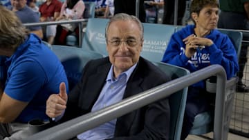 Jul 22, 2022; Los Angeles, California, USA;  Florentino Perez, president of Real Madrid, attends a baseball game between the Los Angeles Dodgers and the San Francisco Giants at Dodger Stadium. Mandatory Credit: Jayne Kamin-Oncea-Imagn Images