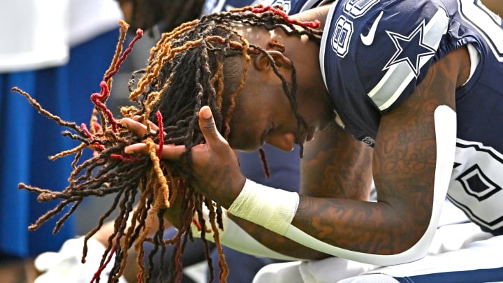 Oct 9, 2022; Inglewood, California, USA; Dallas Cowboys wide receiver CeeDee Lamb (88) sits on the bench before the start of the game against the Los Angeles Rams at SoFi Stadium. 