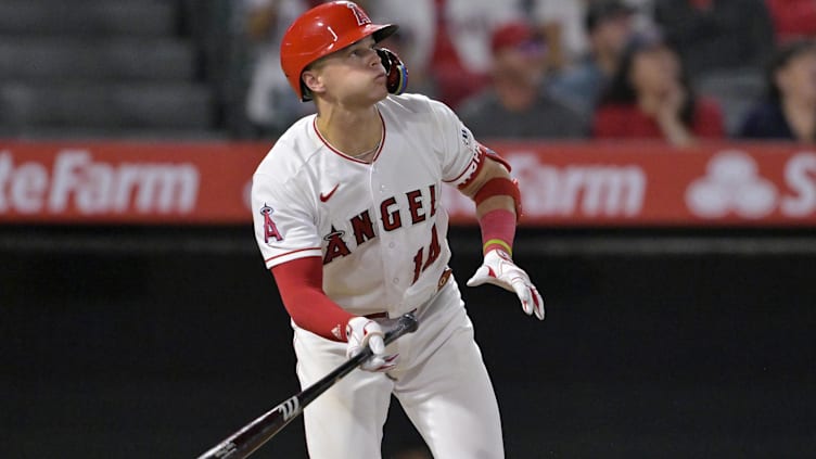 Sep 25, 2023; Anaheim, California, USA; Los Angeles Angels catcher Logan O'Hoppe (14) hits a solo