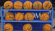Feb 16, 2023; Los Angeles, California, USA; General view of NCAA Pac 12 basketballs on the court at Pauley Pavilion presented by Wescom. Mandatory Credit: Jayne Kamin-Oncea-Imagn Images