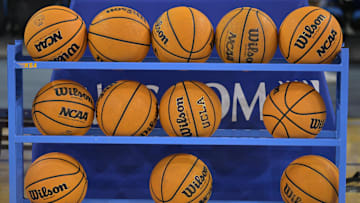Feb 16, 2023; Los Angeles, California, USA; General view of NCAA Pac 12 basketballs on the court at Pauley Pavilion presented by Wescom. Mandatory Credit: Jayne Kamin-Oncea-Imagn Images