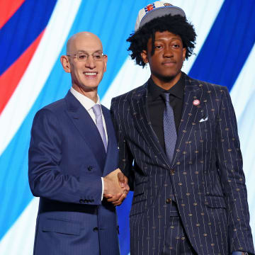 Jun 23, 2022; Brooklyn, NY, USA; Jalen Williams (Santa Clara) shakes hands with NBA commissioner Adam Silver after being selected as the number twelve overall pick by the Oklahoma City Thunder in the first round of the 2022 NBA Draft at Barclays Center. Mandatory Credit: Brad Penner-USA TODAY Sports