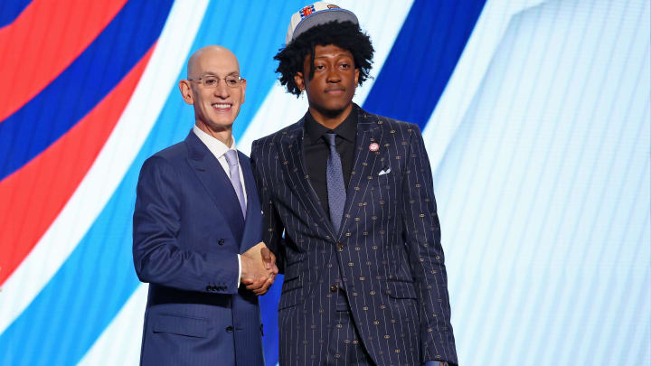 Jun 23, 2022; Brooklyn, NY, USA; Jalen Williams (Santa Clara) shakes hands with NBA commissioner Adam Silver after being selected as the number twelve overall pick by the Oklahoma City Thunder in the first round of the 2022 NBA Draft at Barclays Center. Mandatory Credit: Brad Penner-USA TODAY Sports