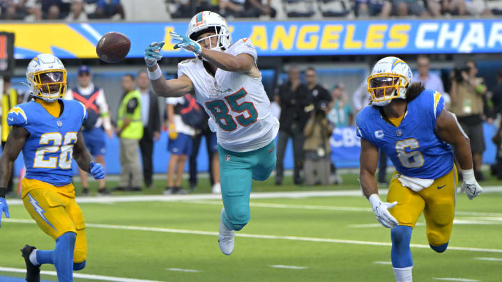 Miami Dolphins wide receiver River Cracraft (85) against the Los Angeles Chargers at SoFi Stadium last season.