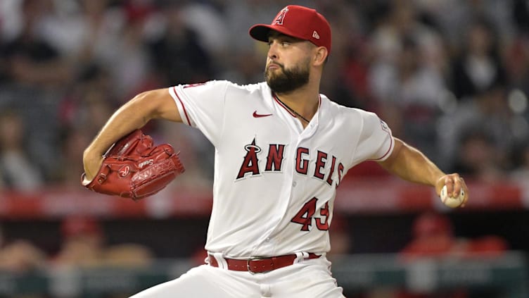 Sep 25, 2023; Anaheim, California, USA; Los Angeles Angels starting pitcher Patrick Sandoval (43)