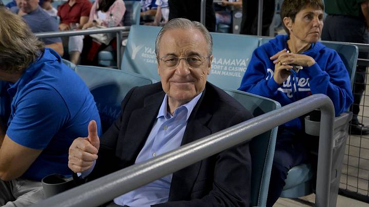 Jul 22, 2022; Los Angeles, California, USA;  Florentino Perez, president of Real Madrid, attends a baseball game between the Los Angeles Dodgers and the San Francisco Giants at Dodger Stadium. Mandatory Credit: Jayne Kamin-Oncea-Imagn Images