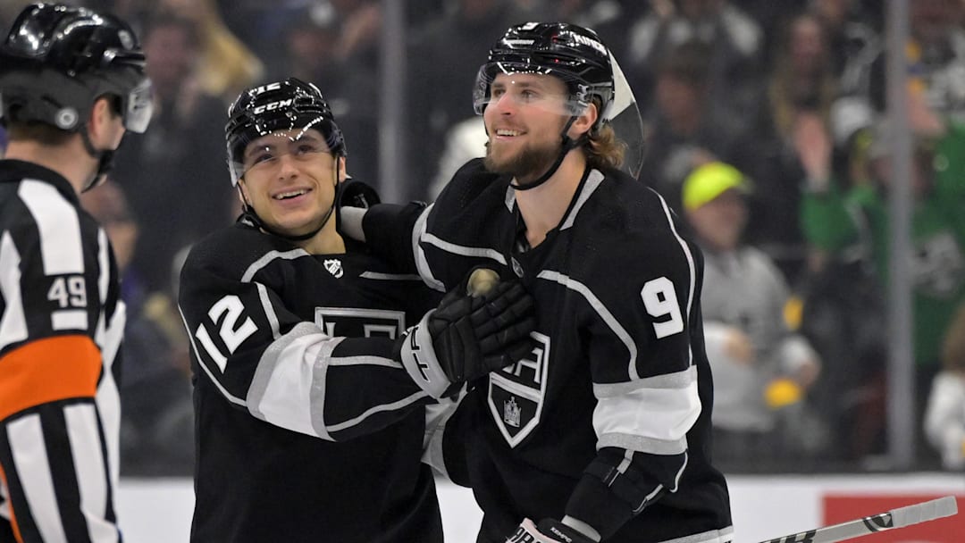 Mar 26, 2023; Los Angeles, California, USA; Los Angeles Kings right wing Adrian Kempe (9) is congratulated by left wing Trevor Moore (12) after scoring a goal in the first period against the St. Louis Bluesat Crypto.com Arena. Mandatory Credit: Jayne Kamin-Oncea-Imagn Images Mar 26, 2023; Los Angeles, California, USA; Los Angeles Kings right wing Adrian Kempe (9) is congratulated by left wing Trevor Moore (12) after scoring a goal in the first period against the St. Louis Bluesat Crypto.com Arena. Mandatory Credit: Jayne Kamin-Oncea-Imagn Images