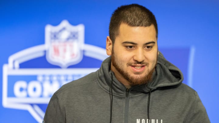 Mar 2, 2024; Indianapolis, IN, USA; Kansas offensive lineman Dominick Puni (OL59) talks to the media during the 2024 NFL Combine at Lucas Oil Stadium. Mandatory Credit: Trevor Ruszkowski-USA TODAY Sports