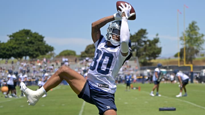 Jul 26, 2023; Oxnard, CA, USA;  Dallas Cowboys wide receiver Tyron Johnson (80) reaches for a pass during training camp drills at River Ridge Playing Fields in Oxnard, CA. Mandatory Credit: Jayne Kamin-Oncea-USA TODAY Sports