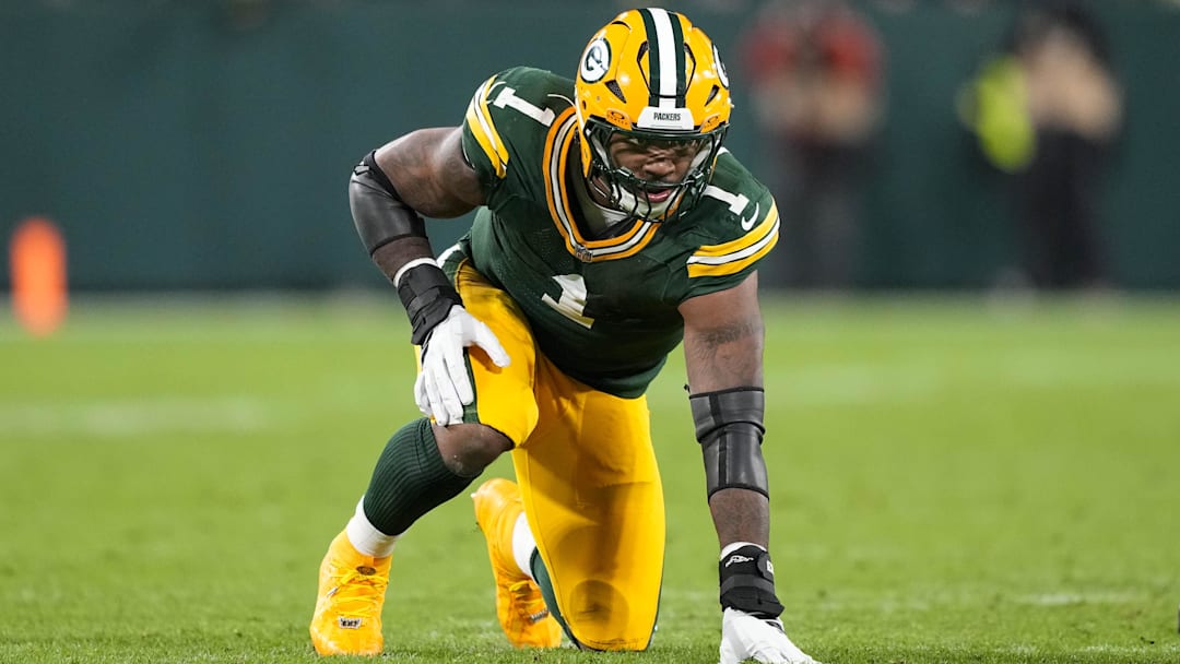 Nov 10, 2025; Green Bay, Wisconsin, USA;  Green Bay Packers defensive end Micah Parsons (1) during the game against the Philadelphia Eagles at Lambeau Field. 