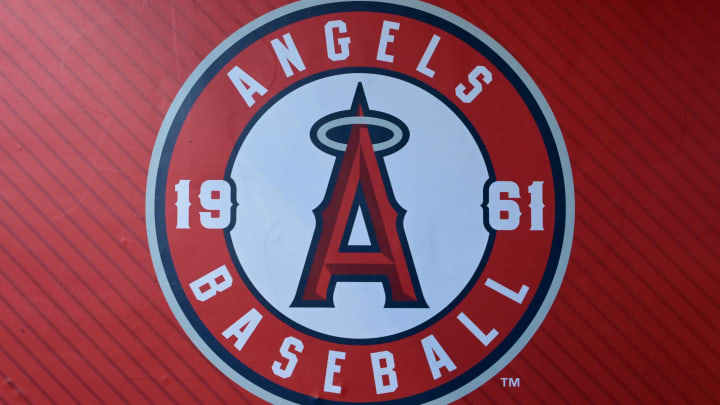 Jul 21, 2023; Anaheim, California, USA;  Detailed view of the Los Angeles Angels team logo on the wall of the dugout at Angel Stadium. Mandatory Credit: Jayne Kamin-Oncea-USA TODAY Sports