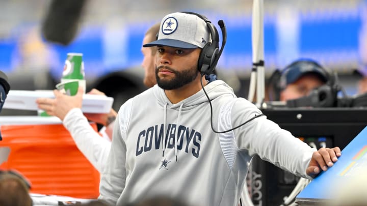 Oct 9, 2022; Inglewood, California, USA; Dallas Cowboys quarterback Dak Prescott (4) on the bench in the second half against the Los Angeles Rams at SoFi Stadium. 