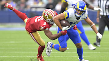 Sep 17, 2023; Inglewood, California, USA; Los Angeles Rams wide receiver Puka Nacua (17) is stopped