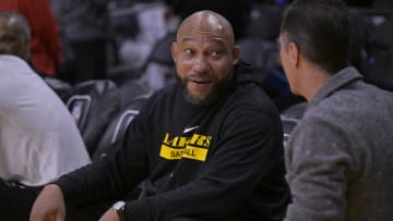 Mar 22, 2023; Los Angeles, California, USA;  Los Angeles Lakers head coach Darvin Ham talks with Rob Pelinka, Vice President of Operations, prior to the game against the Phoenix Suns at Crypto.com Arena. Mandatory Credit: Jayne Kamin-Oncea-USA TODAY Sports