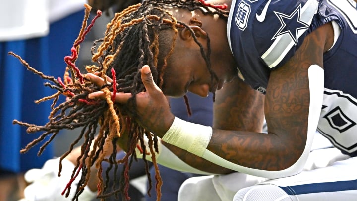 Oct 9, 2022; Inglewood, California, USA; Dallas Cowboys wide receiver CeeDee Lamb (88) sits on the bench before the start of the game against the Los Angeles Rams at SoFi Stadium. 