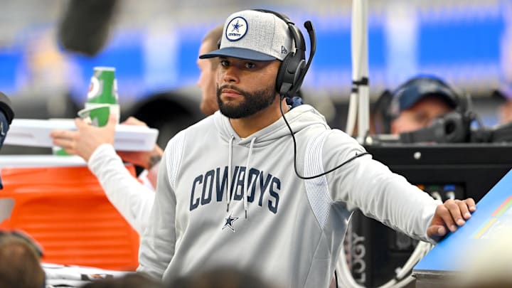 Dallas Cowboys quarterback Dak Prescott on the bench in the second half against the Los Angeles Rams. Dallas Cowboys quarterback Dak Prescott on the bench in the second half against the Los Angeles Rams.