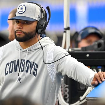 Inglewood, California, USA; Dallas Cowboys quarterback Dak Prescott (4) on the bench in the second half against the Los Angeles Rams at SoFi Stadium. 