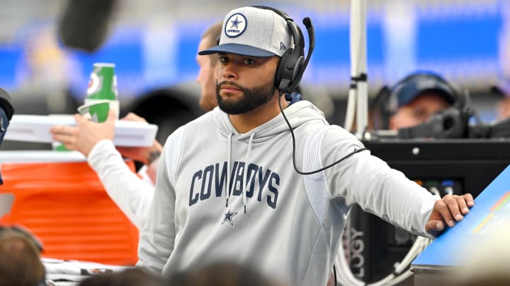 Inglewood, California, USA; Dallas Cowboys quarterback Dak Prescott (4) on the bench in the second half against the Los Angeles Rams at SoFi Stadium. 