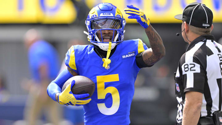 Oct 8, 2023; Inglewood, California, USA; Los Angeles Rams wide receiver Tutu Atwell (5) celebrates after scoring a touchdown in the first half against the Philadelphia Eagles at SoFi Stadium. Mandatory Credit: Jayne Kamin-Oncea-USA TODAY Sports